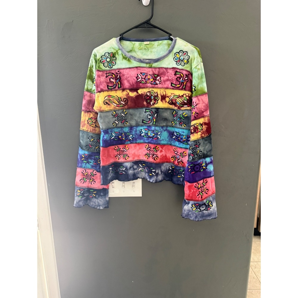 Nepal Cotton Patchwork Tie Dye‎ Long Sleeve Top Om Symbols Boho Hippie Womens L